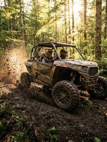 Dynamic low-angle action shot of a mud-splattered Razer 4-seater speeding through a dense green pine forest, dirt and water kicking up from the tires, bright late-afternoon sun filtering through the trees.