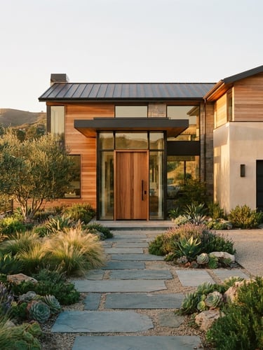 Warm golden hour shot of a modern California home exterior, architectural details prominent, with a clear view of the front door and landscaping, 35mm lens.
