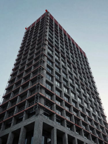 Low-angle architectural shot of a modern Melbourne commercial building under a crisp morning sky with structural scaffolding lines, desaturated navy tones.