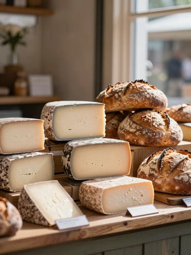 Cozy Scandinavian-style market stall with artisanal cheeses and fresh sourdough bread on display, natural diffused window daylight, soft shadows.