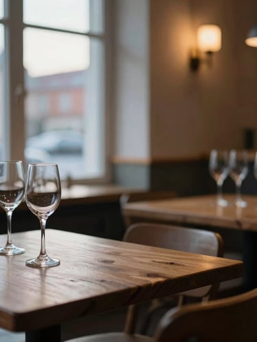 Cozy Scandinavian restaurant interior at dusk, soft daylight from a window, rustic wooden tables with empty wine glasses, soft focus background
