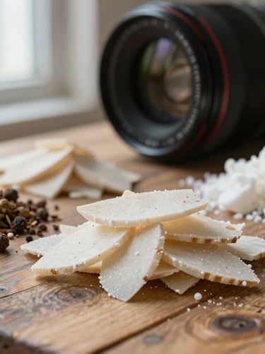 Close-up macro shot of raw artisanal ingredients on a rustic wooden table, soft natural Scandinavian light, diffused side window illumination.