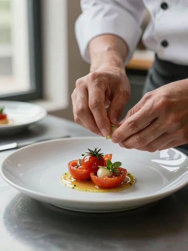 Close-up of chef's hands carefully plating a delicate heirloom tomato dish, natural side light from a window, soft focus background