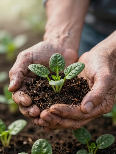 Close-up portrait of weathered hands gently cradling dark, rich soil with tiny green organic heirloom spinach sprouts, diffused Scandinavian morning light, soft shadows, shallow depth of field.