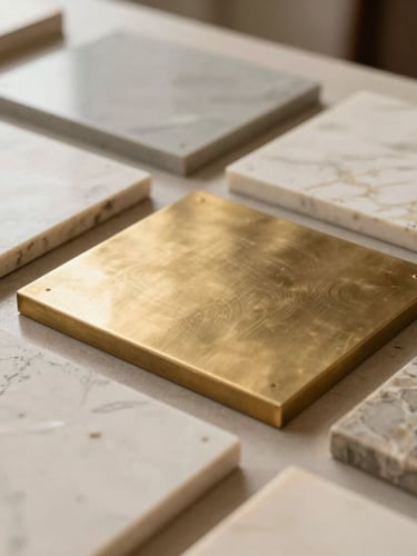 Detail of high-quality brushed brass and travertine stone samples on an architect's desk, soft natural north-facing daylight, warm architectural photography, 35mm
