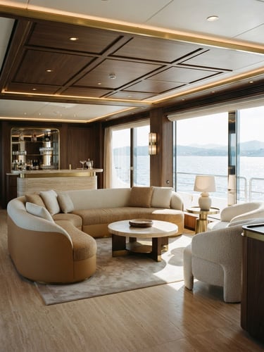 Elegant architectural interior of a luxury yacht saloon, warm travertine and brushed brass details, soft natural daylight through large windows, 35mm photography
