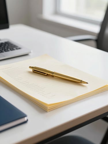 A bright modern Indian office desk, a high-quality brass pen resting on organized cream-colored tax documents, soft window light, professional 35mm photography