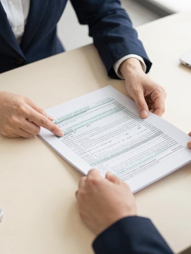Clean editorial photography of hands reviewing structured tax documents on a warm cream desk, bright natural office light, professional navy tones, sharp focus, 35mm