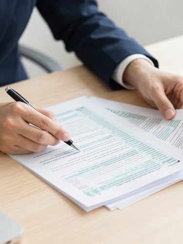 Close-up of hands reviewing neat paper tax documents with a pen on a clean wooden desk, bright natural light, 35mm