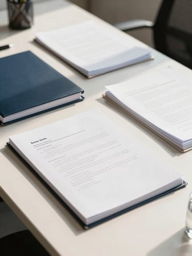 A clean, bright New Delhi workspace with sunlight streaming onto organized paper documents, professional navy and cream tones, 35mm