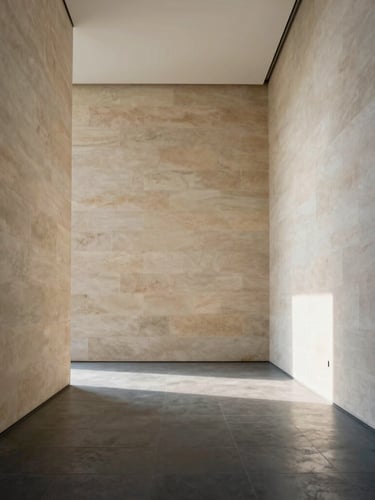 Wide-angle architectural shot of a minimalist gallery interior with tall limestone walls, soft natural daylight casting gentle shadows, clean geometric symmetry.