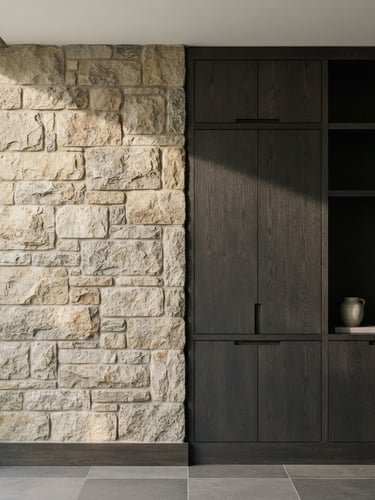 Straight-on architectural elevation of a minimalist stone wall meeting dark custom millwork, natural side daylight casting soft shadows, tactile textures, Hasselblad medium format.