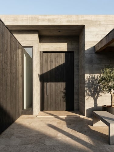 Straight-on architectural elevation of a minimalist concrete and timber entryway, natural side-lighting casting long shadows, warm stone and charcoal tones, Hasselblad medium format.