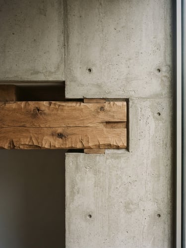 Straight-on architectural elevation of a minimalist concrete wall meeting a hand-carved oak beam, natural side-lighting casting soft shadows, Hasselblad medium format.