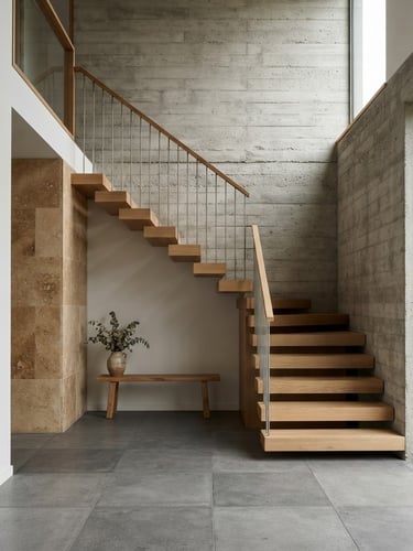 Straight-on architectural elevation of a minimalist concrete and oak interior, natural side-lighting casting soft shadows, tactile limestone textures, Hasselblad medium format