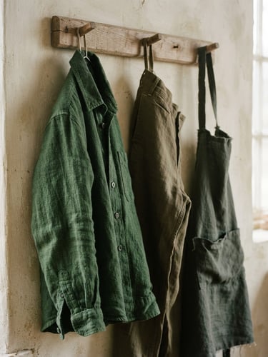 Close-up of textured heavyweight linen garments hanging on simple wooden pegs, soft overcast daylight, muted forest green tones, 35mm film grain