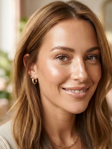 A close-up portrait of a woman with flawless, natural skin texture, soft-focus background, warm diffused sunlight from a window, bright editorial beauty photography style.