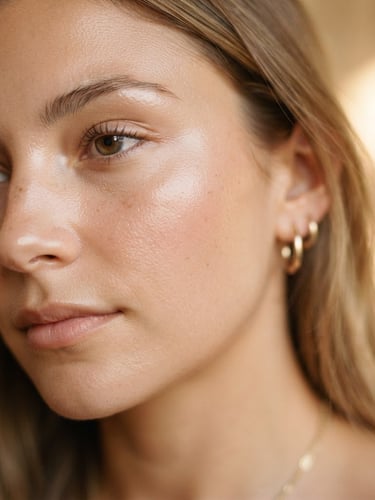 Close-up of clean skin texture with soft-focus background, warm gold tones, bright diffused natural daylight, 85mm lens