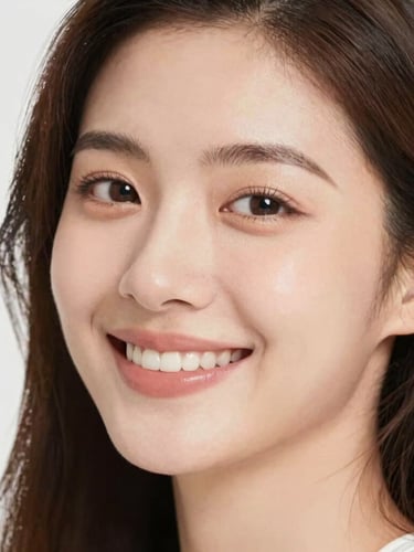 Bright editorial portrait of a smiling woman with minimal, glowing makeup, soft natural daylight, shallow depth of field, 85mm lens