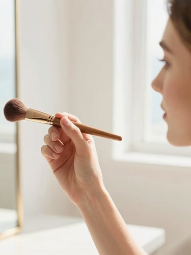 A professional female beauty artist in a sunlit, minimalist Clearwater studio interior, holding a clean makeup brush, soft diffused natural daylight, warm gold highlights