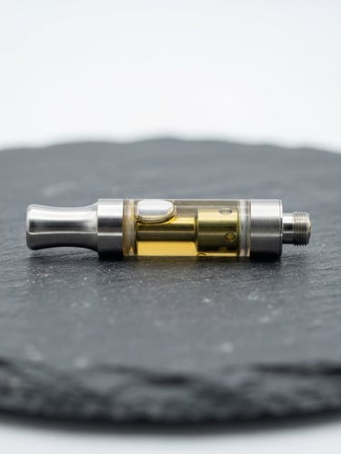 A minimalist vape cartridge resting on a clean slate surface, crisp studio product photography, bright high-key lighting, macro lens focus