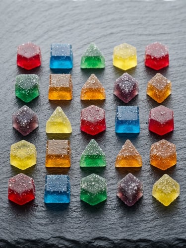 A close-up shot of precisely cut geometric edible gummies on a clean slate surface, high-key clinical studio lighting, sharp focus