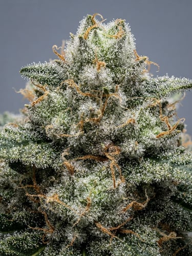 Macro shot of sparkling trichomes on a dense sage-green cannabis flower bud, bright high-key studio lighting, clean slate background, sharp focus