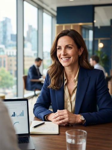 A professional candidate in a bright, modern corporate office, natural daylight, soft shadows, focused and smiling, high-end editorial corporate photography