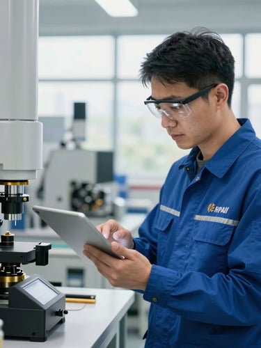 A professional manufacturing engineer in a clean modern facility, wearing safety glasses, checking a digital tablet under bright daylight