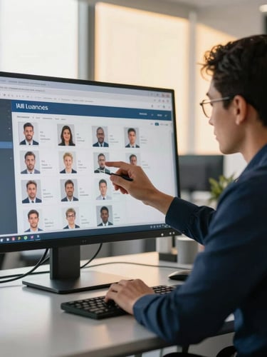Side view of a hiring manager reviewing candidate profiles on a large monitor in a bright slate-grey corporate office, golden sunlight filtering through windows.