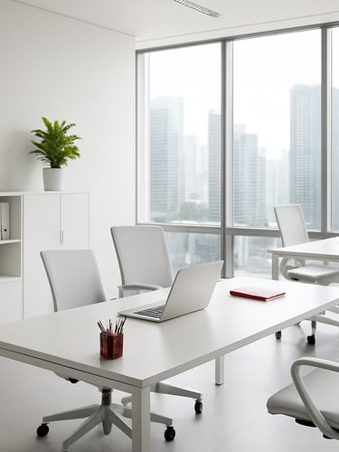 Bright minimalist corporate office in São Paulo, sharp architectural lines, soft natural daylight, silver accents, high-end professional atmosphere, 35mm