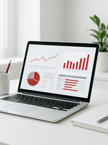 Bright minimalist photography of a modern white workspace, sleek silver laptop displaying clean financial dashboards, soft natural daylight, sharp focus, 35mm