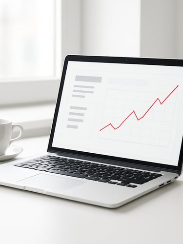 Bright minimalist photography, clean white workspace, soft natural daylight, a sleek silver laptop displaying a clean financial dashboard with a red line chart, sharp focus, 35mm