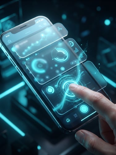 Sleek 3D digital render of a smartphone displaying an active app interface, glowing neon cyan accents, glassmorphism, isometric perspective, octane render, dark background, hand interacting with touchscreen, tight macro crop.