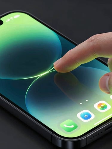 Close-up macro shot of a smartphone displaying an active app interface, a finger interacting with a clean touchscreen, dynamic isometric angle, high-contrast studio lighting with neon cyan and lime rim lights reflecting off the glass surface, sleek 3D digital render, dark background, glassmorphism, octane render.