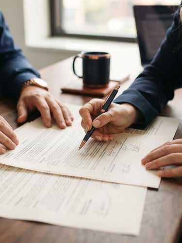 Close-up of hands reviewing financial contracts with a pen on a modern office desk, warm editorial photography, soft natural office light, deep navy and copper tones, shallow depth of field