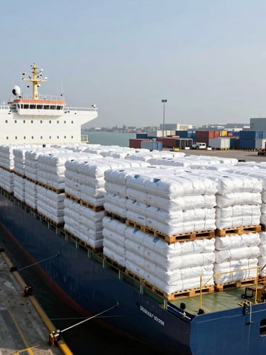 Wide-angle shot of a cargo vessel being loaded with standardized pallets of white grow bags at a modern industrial shipping port, bright daylight, high-contrast maritime setting.
