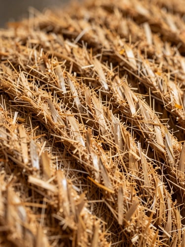 Close-up of premium processed coir fiber texture, dry golden-brown strands cleanly aligned, industrial macro shot under bright daylight.