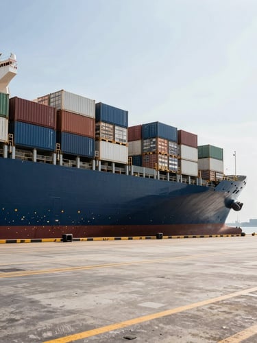 Wide-angle shot of a clean, modern container loading dock at a port, a cargo ship being loaded with standardized pallets under bright, high-contrast daylight, maritime-industrial aesthetic.