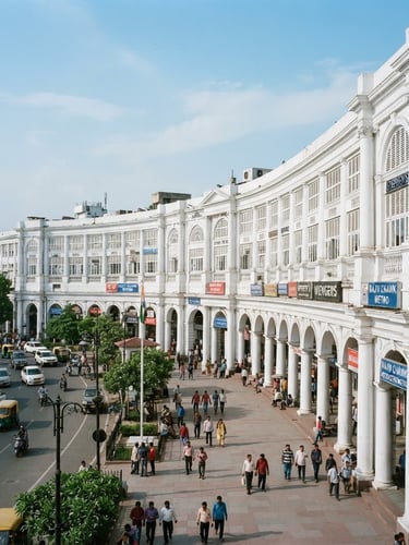 Sharp architectural view of Connaught Place business district in Delhi, clean lines, bright natural office light, professional cool tones, 35mm.