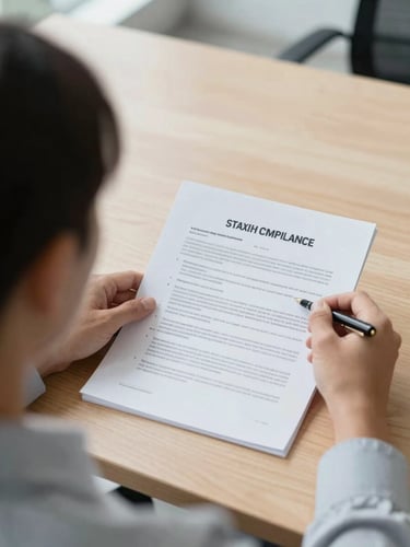 Over-the-shoulder view of a professional analyzing statutory compliance documents on a clean wooden desk, bright natural office light, professional cool tones, sharp focus, 35mm
