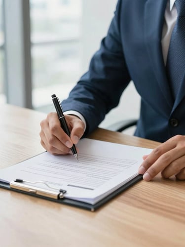 A professional consultation in a bright, modern Delhi office, close-up on signed compliance documents on a wooden table, soft natural office light, 35mm