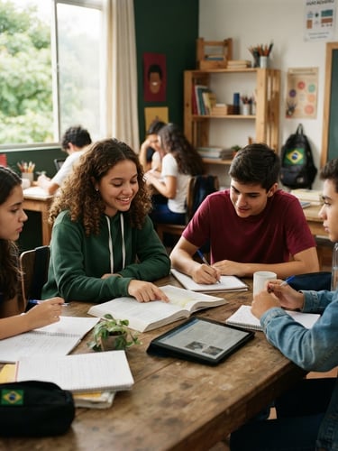 Soft natural daylight illuminating a modern Brazilian classroom, high-school students collaborating around a wooden table, warm green and crimson accents, shallow depth of field, 35mm