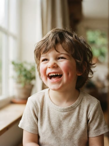 Close-up of a child laughing while wearing an oatmeal organic cotton t-shirt, soft morning window light, warm editorial photography style, 35mm