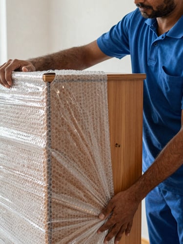 Close-up action shot of a professional mover in a blue Ganpati uniform wrapping a wooden cabinet in heavy-duty three-layer bubble wrap and corrugated sheets, bright natural indoor lighting.