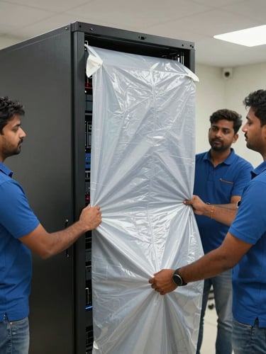 Medium action shot of Ganpati crew members in blue uniforms wrapping a server rack in heavy-duty protective sheets inside a well-lit office.