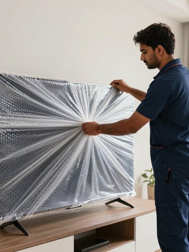 A professional Ganpati Packers mover in a clean navy blue uniform carefully wrapping a large flat-screen television in multi-layer shockproof bubble wrap inside a modern Indian home, bright natural daylight.