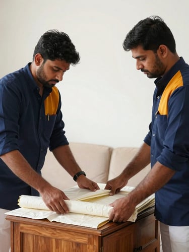 Medium shot of two clean-cut crew members in matching navy blue and saffron Ganpati uniforms carefully wrapping a wooden cabinet in thick protective sheets inside a bright home.