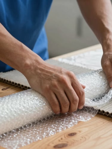 Close-up of hands in blue uniforms wrapping a wooden tabletop with thick bubble wrap, corrugated sheets, and heavy-duty stretch film.