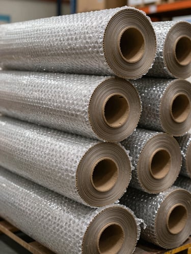 Macro shot of thick, multi-layer corrugated cardboard rolls and heavy-duty bubble wrap stacked neatly in a brightly lit warehouse.